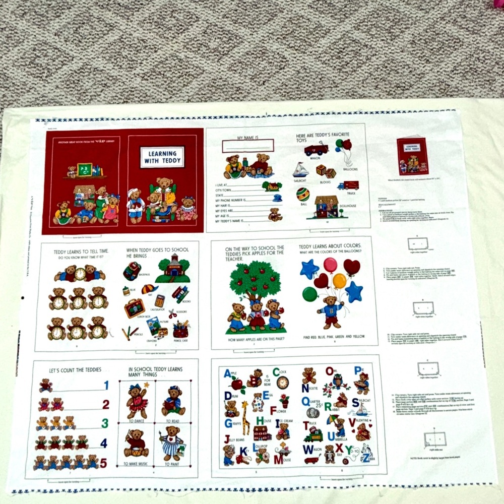 Vintage Cranston VIP Teddy Bear Fabric Panel Learning With Teddy Cloth Book 90s
